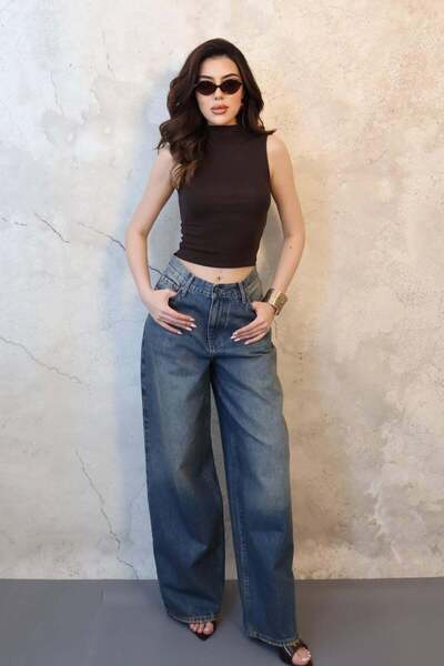 Moda Days Women's Navy Blue High Waist Wide Leg Washed Denim Jean Trousers
