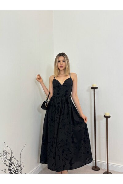 Moda Days Women's Black Strappy V-Neck Embroidered Tie-Detail Flared Maxi Dress