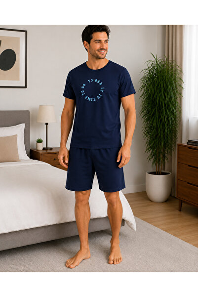 Mirano Pijama de vară din bumbac pentru bărbați, albastru marin, tricou cu im...