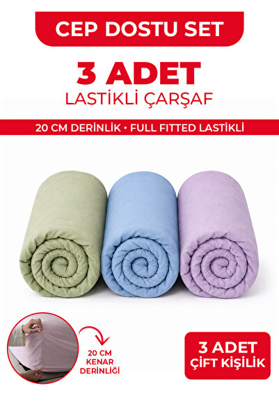 Çarşafçı Hanım 3 ADET ÇİFT KİŞİLİK LASTİKLİ ÇARŞAF - 160x200cm - MAVİ/YEŞİL/L...
