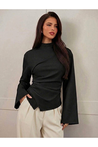 Moda Lounge Stylish Blouse with High Collar and Drape Detail, Spanish Sleeves