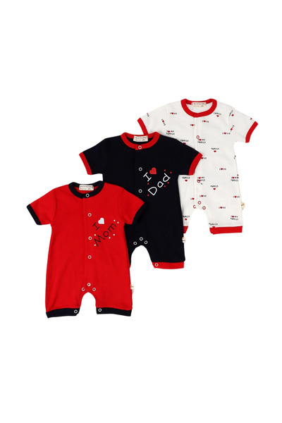 MiniKids Set 3 salopete Love Mom, Dad, Family, alb-rosu-bleumarin