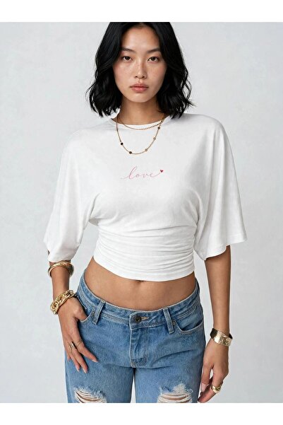 PERISENSE Women's Lycra Bat Sleeve Crop T-Shirt, Fitted at the Waist, Stretch...