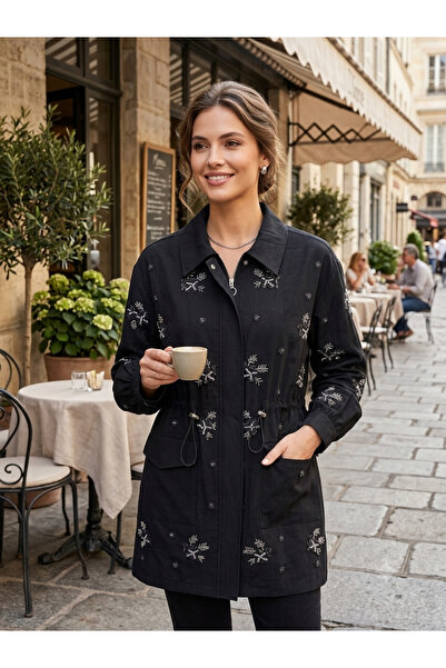 StellaStore Siyah Işıltı: Taş İşlemeli Belden Büzgülü Ceket / Tunik