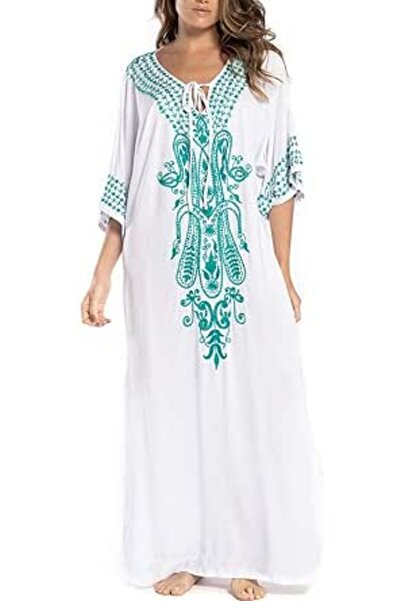 YouKD Summer Cotton Embroidered Floral Loose Caftan Boho Beach Bikini Cover U...