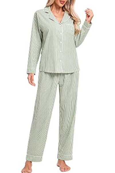 LUBOT 100% Cotton Pajamas for Women PJ Set Button-Down Knitted Soft Long Shor...