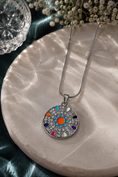 Sylvera Shop Colorful Enamel Flower Medallion Steel Necklace (Silver Color)