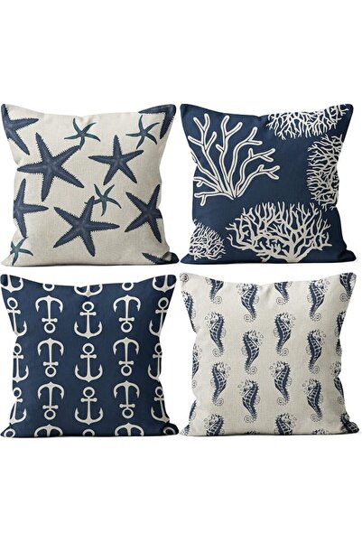 M-Qizi Blue Throw Pillow Covers - Linen Blue Pillow Covers 18x18 Set of 4, De...