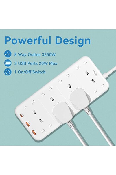 MIONE سلك تمديد كهربائي بـ 8 منافذ مع USB-C، مقبس طاقة 3250 واط / 13 أمبير مع 3 منافذ USB للشحن السريع، قابس بريطاني