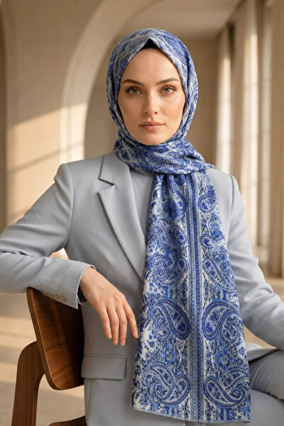 Lesscarves Desenli Pamuk İpek Şal LS2301 Etnik Şal Desen 04-Bebe Mavisi-Gri