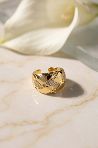 Inure Jewelry Adjustable Gold Color Ring with Zircon Stone Detail and Interwo...