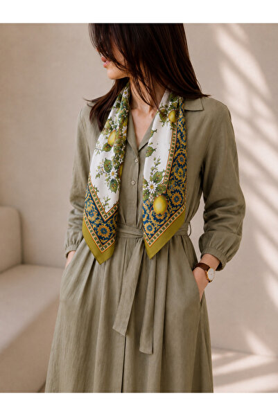 EveryScarf Limonia Desenli Saten Dijital Fular Kare 70x70 cm