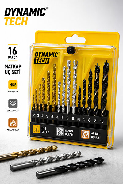 DynamicTech Profesyonel 16 Parça Matkap Uç Seti Hss Elmas Ahşap Uç Seti Metal Beton Tuğla Ahşap Uyumlu