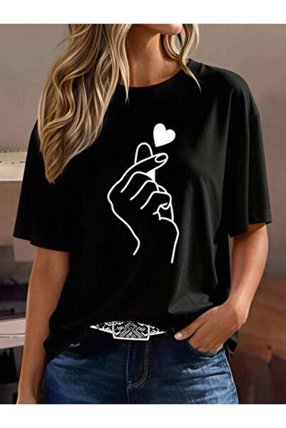 23ERVA Women's Heart Hand Gesture Design, Pure Cotton T-Shirt, Casual Summer ...
