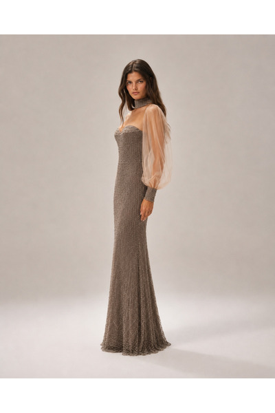 CAN ÇAPAR Women's Gray Stone Embroidered Tulle Balloon Sleeve Halter Neck Lon...