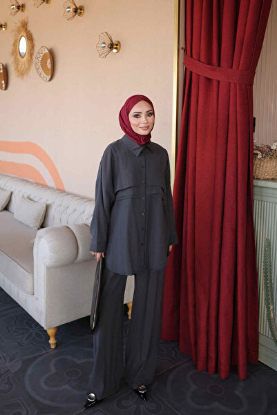 İmajButik Antrasit Gömlek Yaka Tunik Pantolonlu Takım