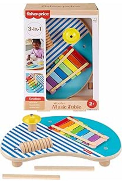 FISHER-PRICE BABY طاولة موسيقية خشبية للأطفال من فيشر برايس مع آلات إيقاعية، ...