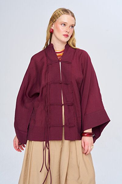 Orfeo Negro Women's Chinese Collar String Button Solid Color Transparent Kimono