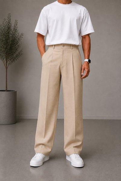 Montivo Men's Beige Baggy Fabric Trousers Loose Fit Straight Leg