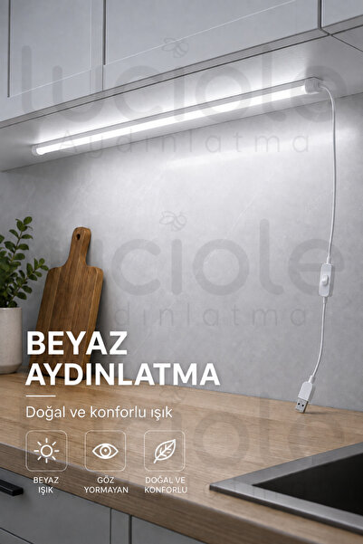 luciole USB Dolap Altı LED Aydınlatma 100 cm Beyaz Işık Anahtarlı Yapışkanlı ...