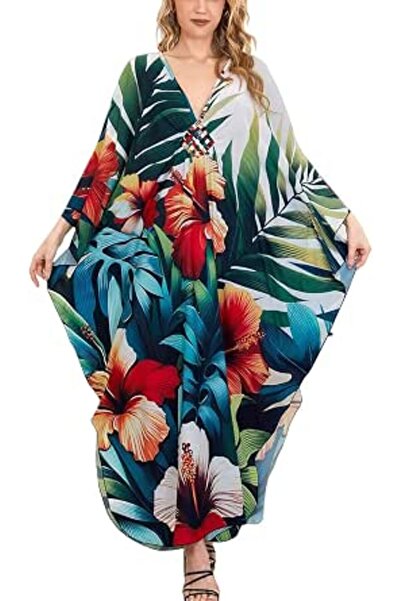 YouKD Women's Pirnt Floral Long Kaftan Maxi Dress Pluse Size Bikini Beach Cov...