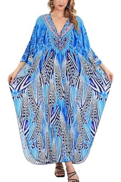 YouKD Women's Pirnt Floral Long Kaftan Maxi Dress Pluse Size Bikini Beach Cov...