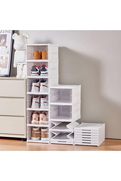 TRASSLE Drop Front Shoe Storage Box, No Assembly Stackable Shoe Organizer Sto...