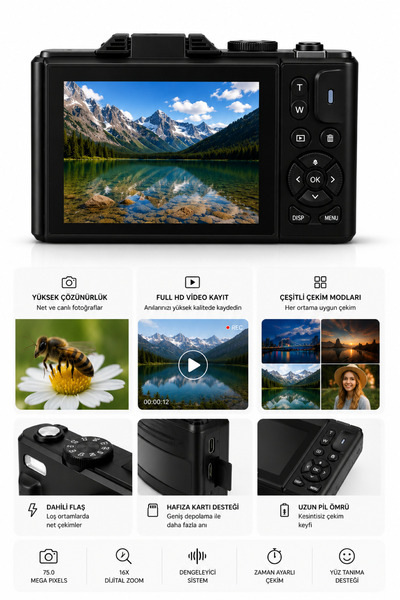 RAYLAX 5K Ultra HD Dijital Fotoğraf Makinesi 75MP 18X Zoom Geniş Açı Makro Lensli Şarjlı Kompakt Video Kamera