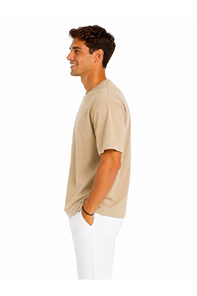 Vasto Moda Erkek Tam Oversize Kalıp Kalın Dokulu %100 Organik Pamuk Bisiklet Ribana Yakalı Bej T-Shirt