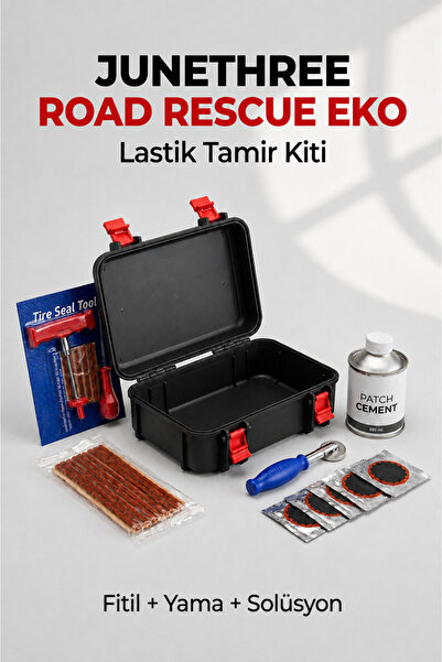 JuneThree Road Rescue EKO Lastik Tamir Kiti | Sert Saklama Kutulu | Tubeless Lastikler İçin | 25 Adet Fitil, 5 Yama, 200 ml Patch Cement ve Baskı Makarası