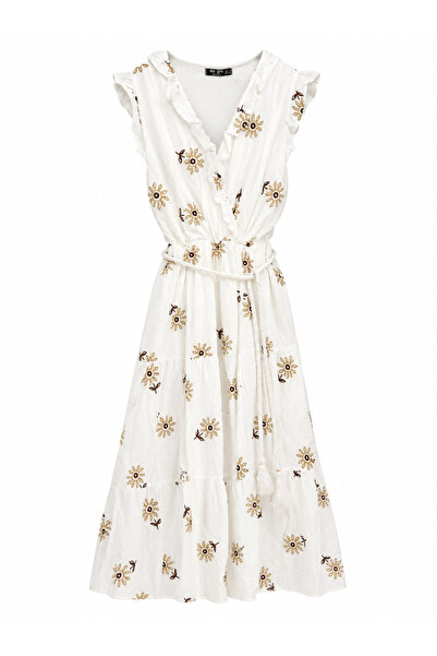 Buket Teke Beige Floral Embroidered Double-Breasted Lined Dress
