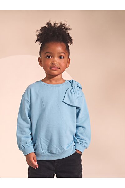 Tinymuyt Girl's Shoulder Bow Combed Cotton Sweatshirt Blue