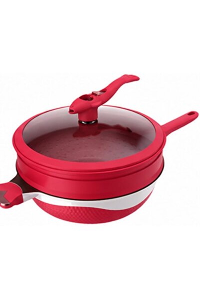 HXD Zoomlion 8-in-1 Red Nonstick Wok Pan with Glass Lid and Steamer Layer, 12...