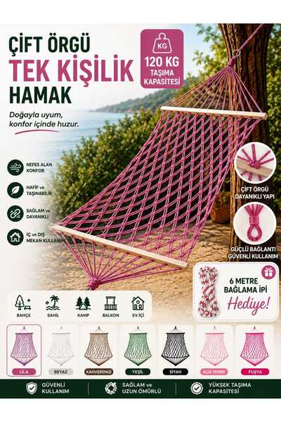 ASG ÇİFT ÖRGÜ RENKLİ İPTEN EL ÖRGÜSÜ TEK KİŞİLİK ŞIK HAMAK 120 KG TAŞIMA KAPA...