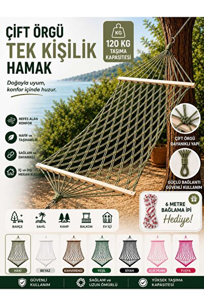 ASG ÇİFT ÖRGÜ RENKLİ İPTEN EL ÖRGÜSÜ TEK KİŞİLİK ŞIK HAMAK 120 KG TAŞIMA KAPA...