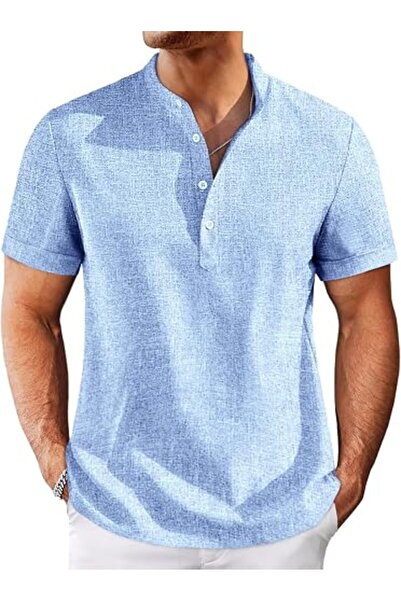 Runcati Mens Henley Shirts Short Sleeve Casual Linen Band Collar T-Shirt Summ...