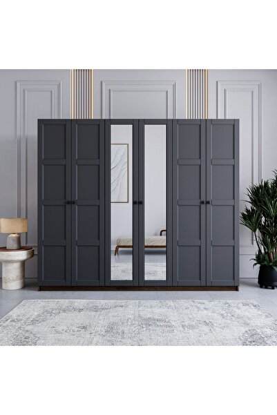 miracool Karin 6 Kapılı Dolap / %100 MDF / Modern Tasarım / Çam-Antrasit / 6 ...