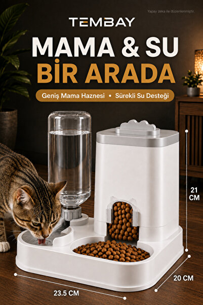 TEMBAY 2’si 1 Arada Kedi Köpek Mama ve Su Dispenseri Hazneli Mama Kabı