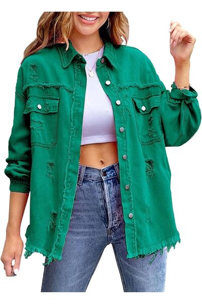 Generic Womens Ripped Distressed Denim Jacket Distressed Hem Button Front Boy...