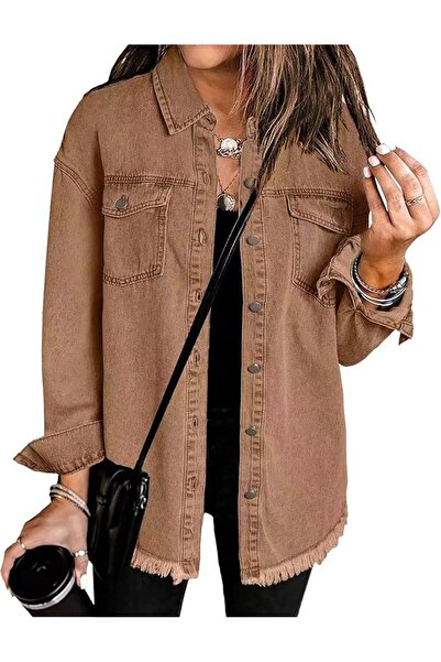 Generic Women's Casual Denim Jackets Frayed Hem Washed Button Jean Jacket Dis...