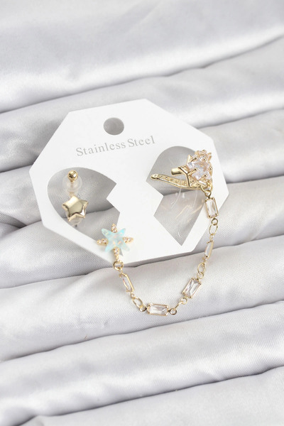 SORA GROUP Star Model Brass Gold Color Chain Linked Ear Cuff Earring Set