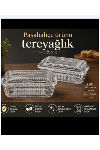 Paşabahçe Butter Dish 2 Pieces with Lid Glass 170 Cc Volume 17 cm Length 11 c...