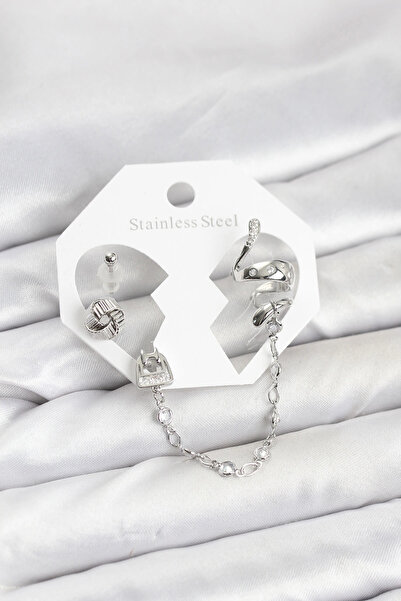 SORA GROUP Brass Silver Color Snake Model Chain Linked Ear Cuff Earring Set