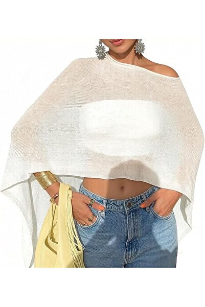 GENERAL Women Sheer Poncho Top Lightweight Knit Crochet Shrug Bolero Mesh Bat...