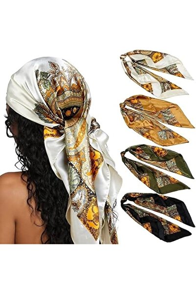 HZYH 4 Pcs Luxury Square Head Scarves for Women, Silk Like Scarves Set, Soft ...