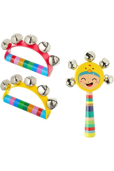 KASTWAVE 2 Pcs Kids Tambourine and 1 Smile Jingle Hand Bell Set – Baby Musica...