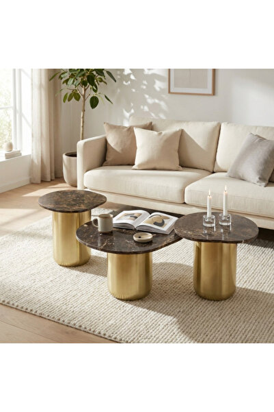 Baytonia Cosat Coffee Table Marble Top - 3 Pieces - Brown and Gold