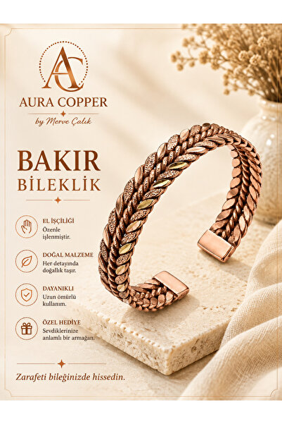 AURA COPPER Bakır Bileklik El Yapımı Örgü Desenli Ayarlanabilir Unisex Kelepç...