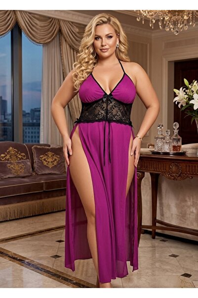 Tienda Elegante قميص نوم من سلسلة أوركيد مقاس كبير بلون البرقوق مع فتحات جانب...