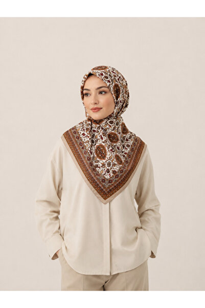 Fevora Brown Cream Ethnic Patterned 90X90 Square Scarf – Casual and Stylish H...